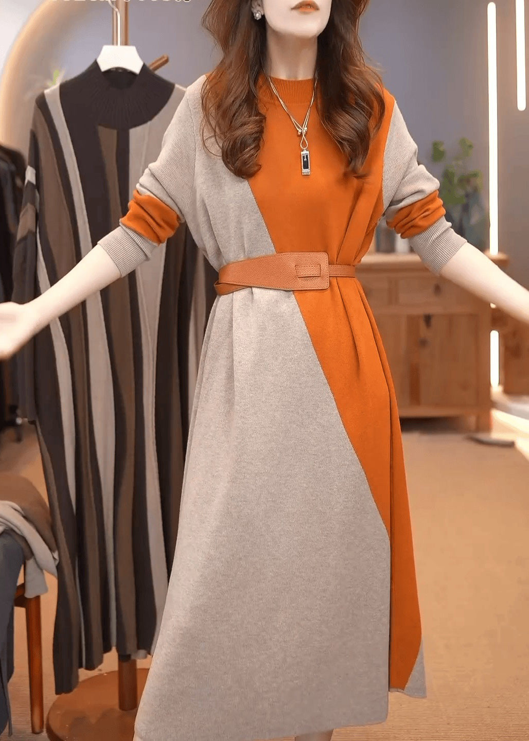 Classy Orange O-neck Patchwork Cotton Knit Sweater Dress Winter
