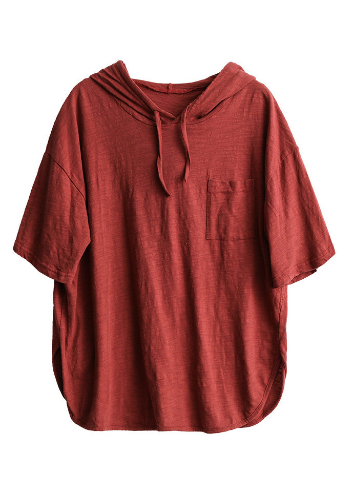 Red Drawstring Cotton Hooded T Shirt Summer