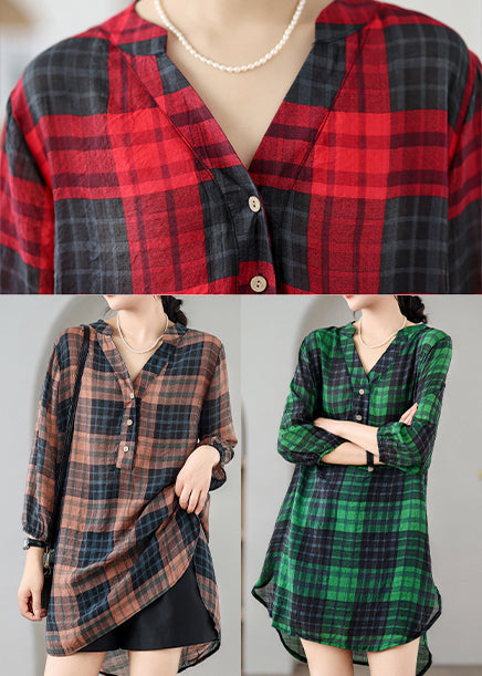 Green Plaid Linen Day Dress V Neck Bracelet Sleeve
