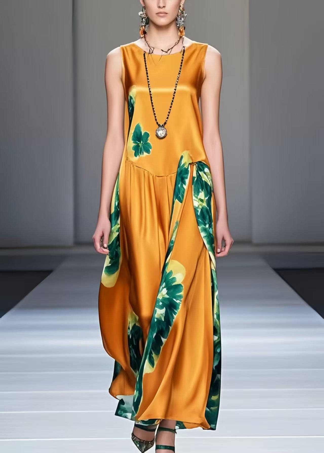 Boutique Orange Print Silk Long Dresses Sleeveless