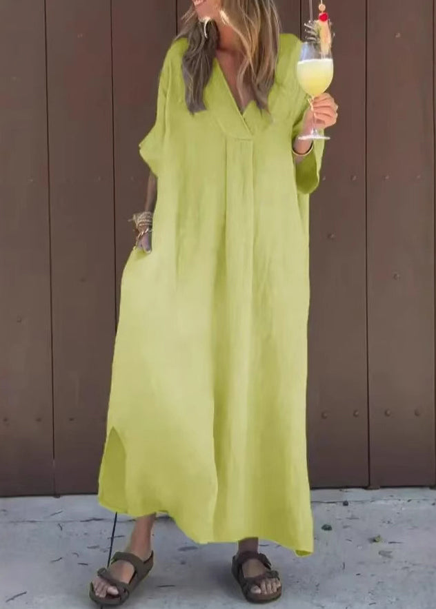 Blue V Neck Pockets Cotton Dresses Summer