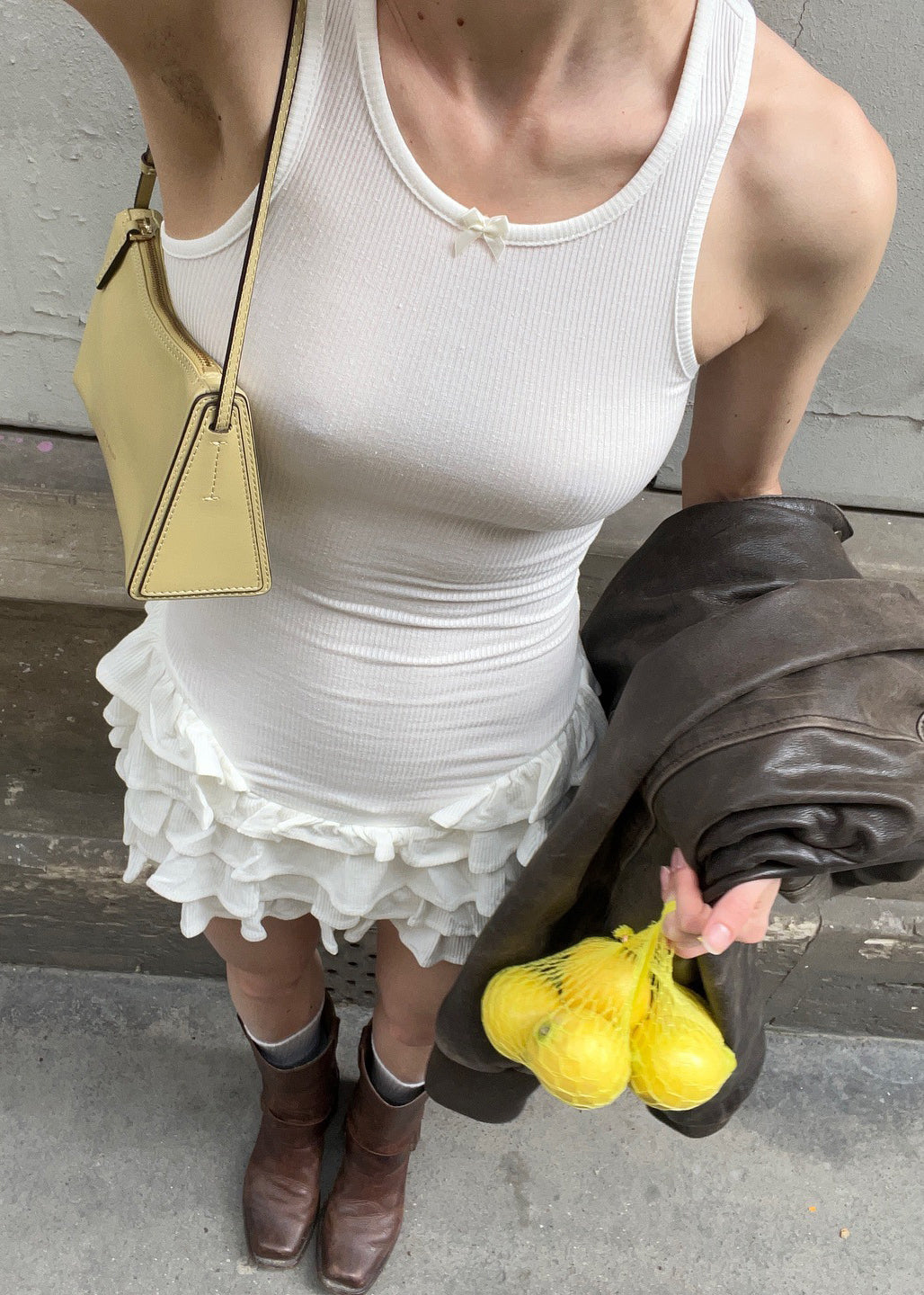 White Ruffled Patchwork Cotton Mini Dress Sleeveless