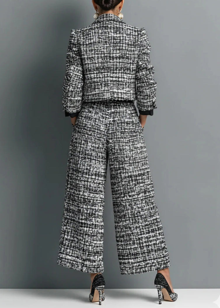 French Black Coat and Pants Cotton Two Pieces Set Fall