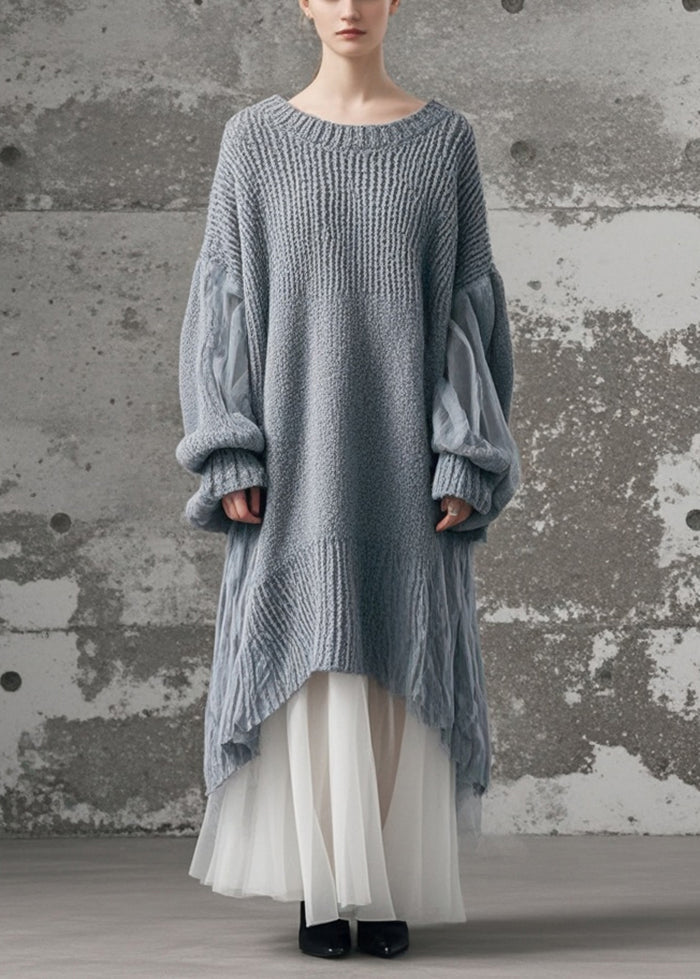 Grey Oversized Patchwork Tulle Long Knit Dress Winter