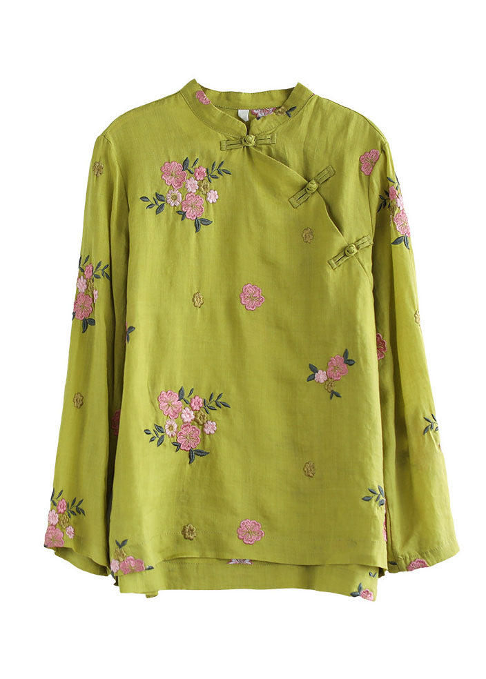 Fitted Yellow Mandarin Collar Embroidered Linen Blouse Top Long Sleeve