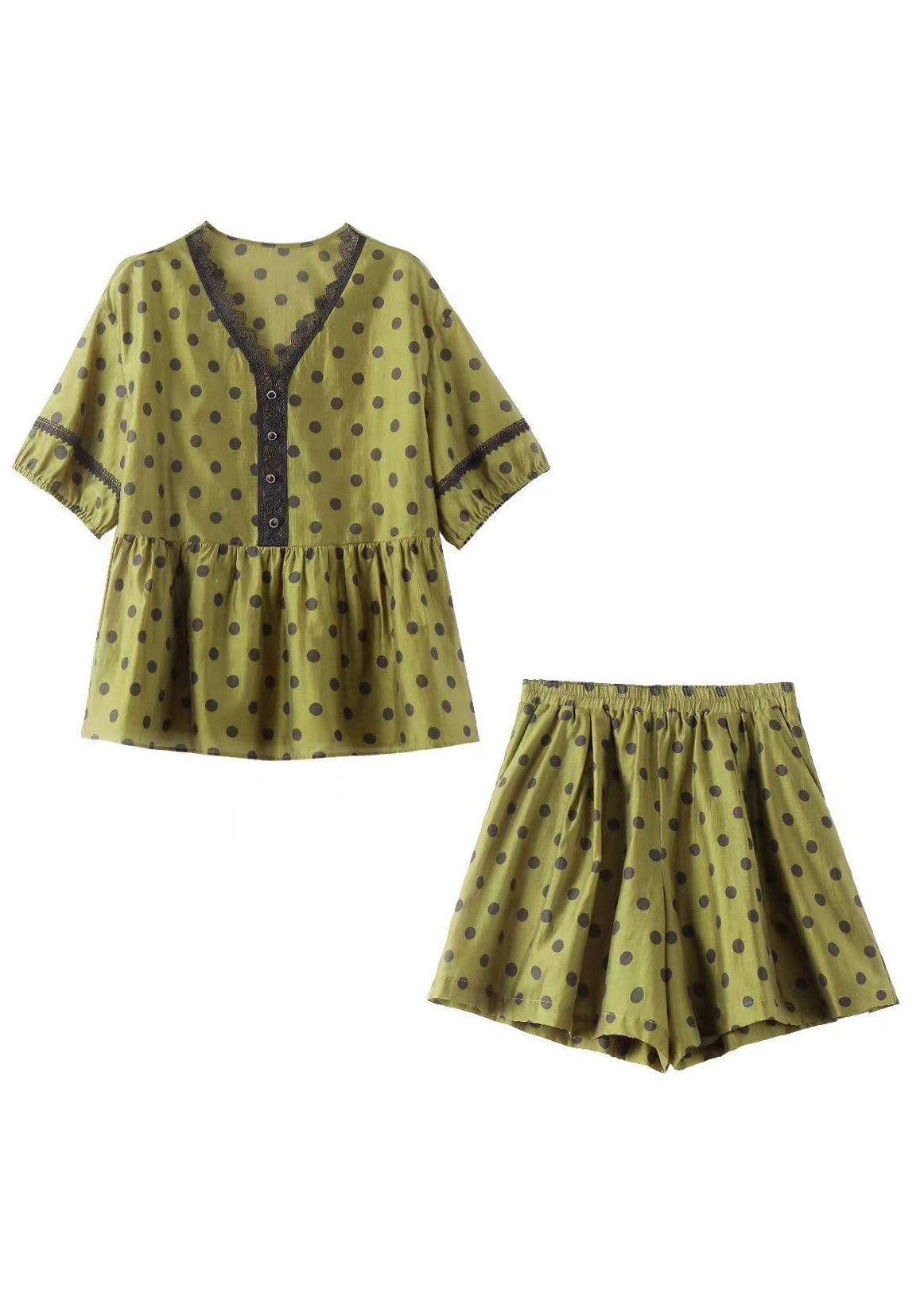 Art Green V Neck Lace Patchwork Shirts and Shorts Silk Two Piece Set Summer