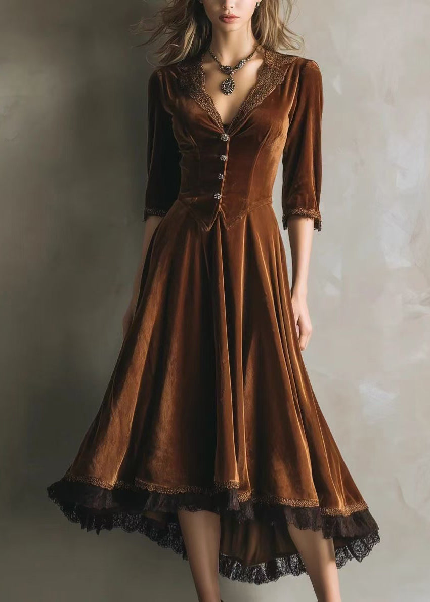 French Chocolate V Neck Lace Patchwork Silk Velvet Long Dress Half Sleeve