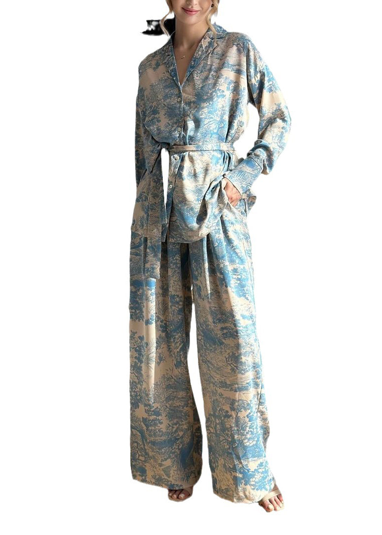 French Print Long Sleeved Lace Up Shirt and Wide Leg Pants Set