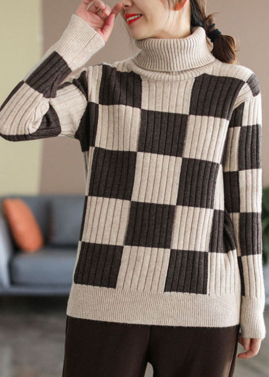 Chocolate Turtle Neck Plaid Knit Top Winter