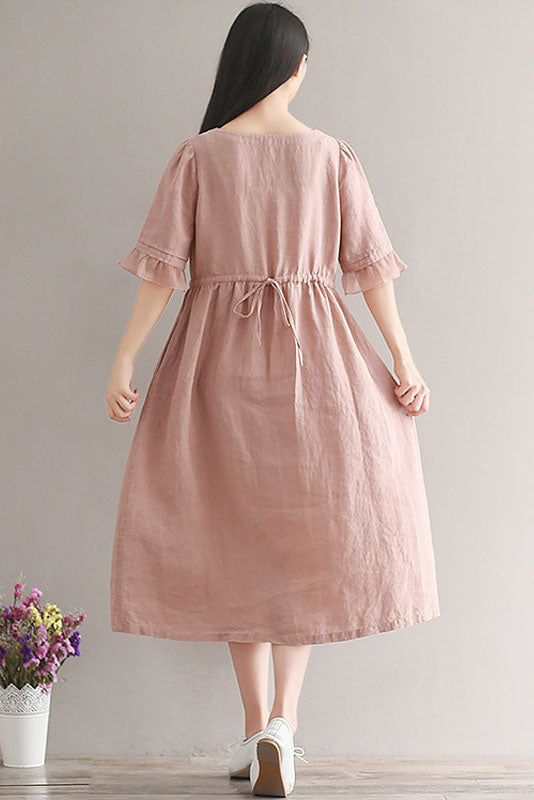 -summer Cotton Linen Dress Short Sleeve Pink Dress