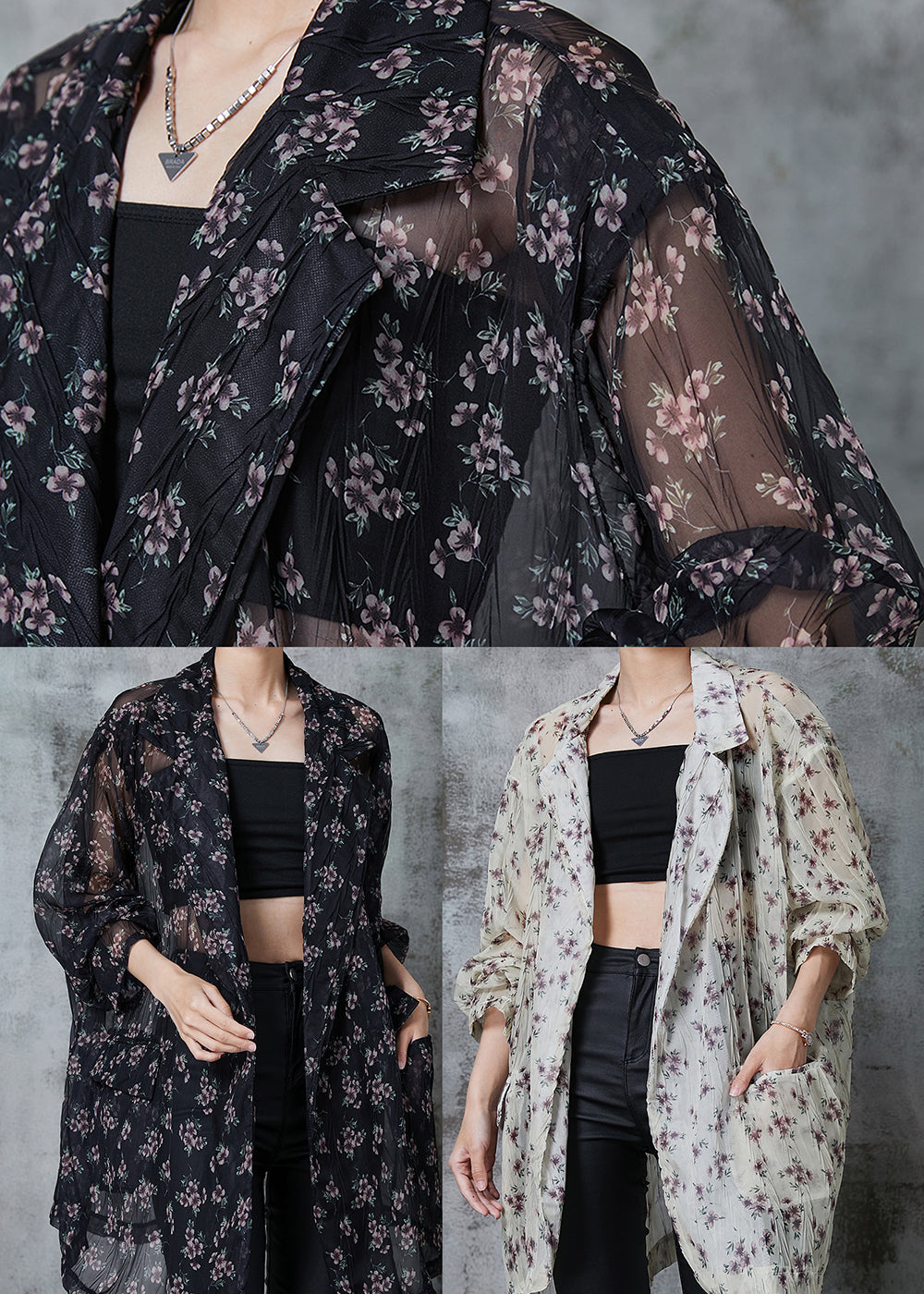 Black Oversized Print Chiffon Cardigan Summer