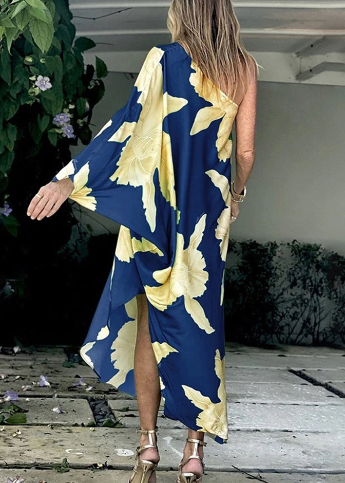 Blue Asymmetrical One Shoulder Print Cotton Dresses Long Sleeve