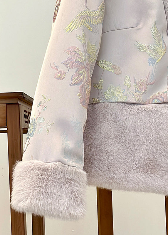 Pink Fur Collar Print Patchwork Parka Winter