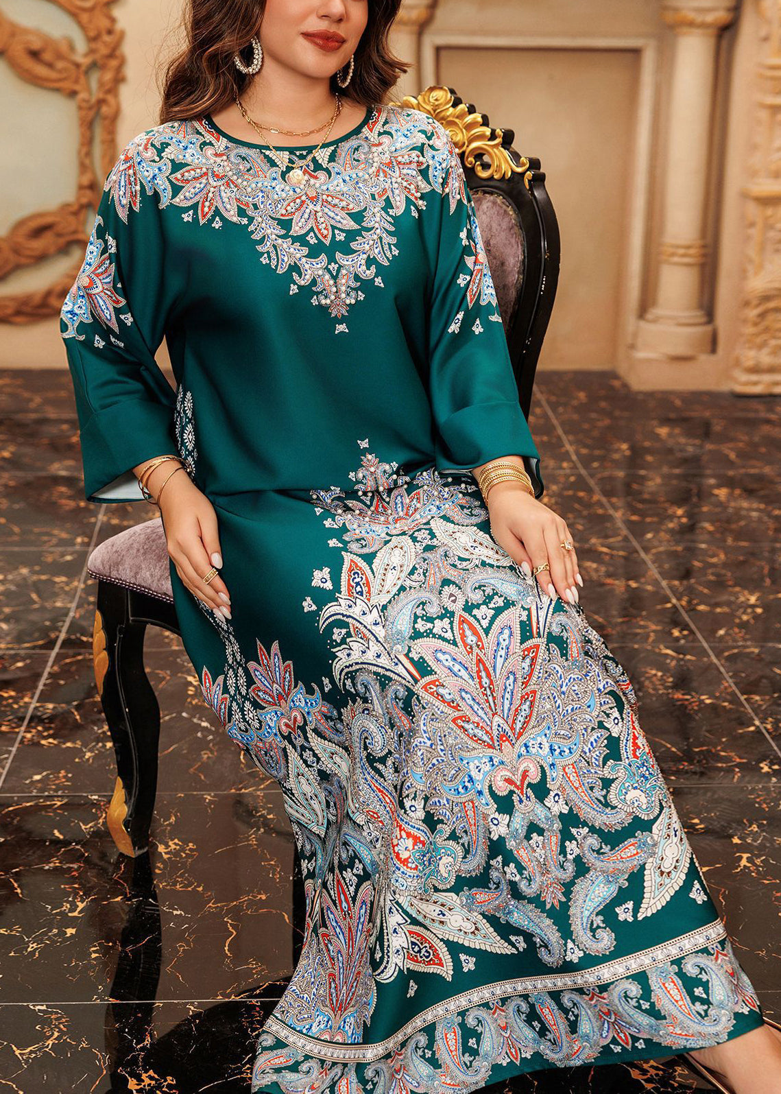 Green O-neck Print Cotton Long Dress Fall