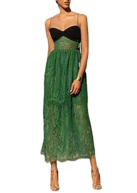 Green Cold Shoulder Patchwork Lace Spaghetti Strap Dress Sleeveless