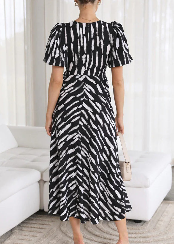 Fine Orange V Neck Puff Sleeve Print Cotton Vacation Dresses