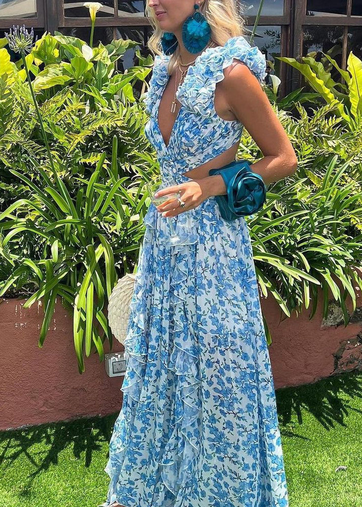 Blue Print Hollow Out Backless Ruffle Dress Summer