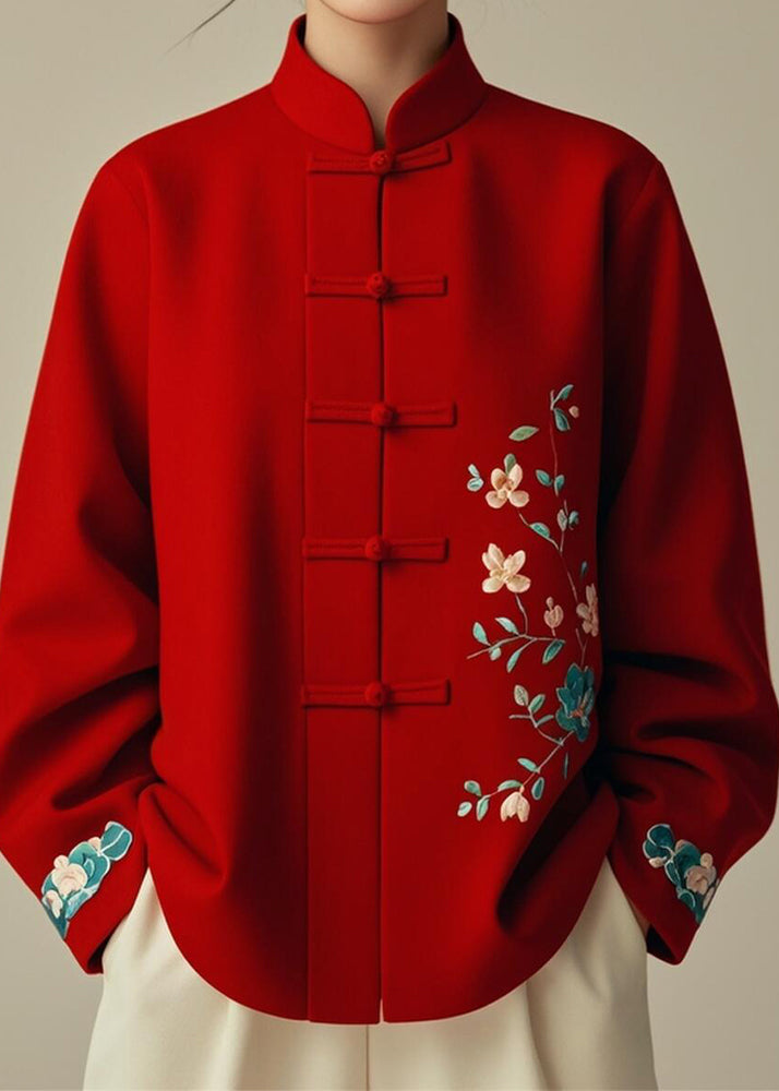 Red Stand Collar Print Cotton Coats Fall