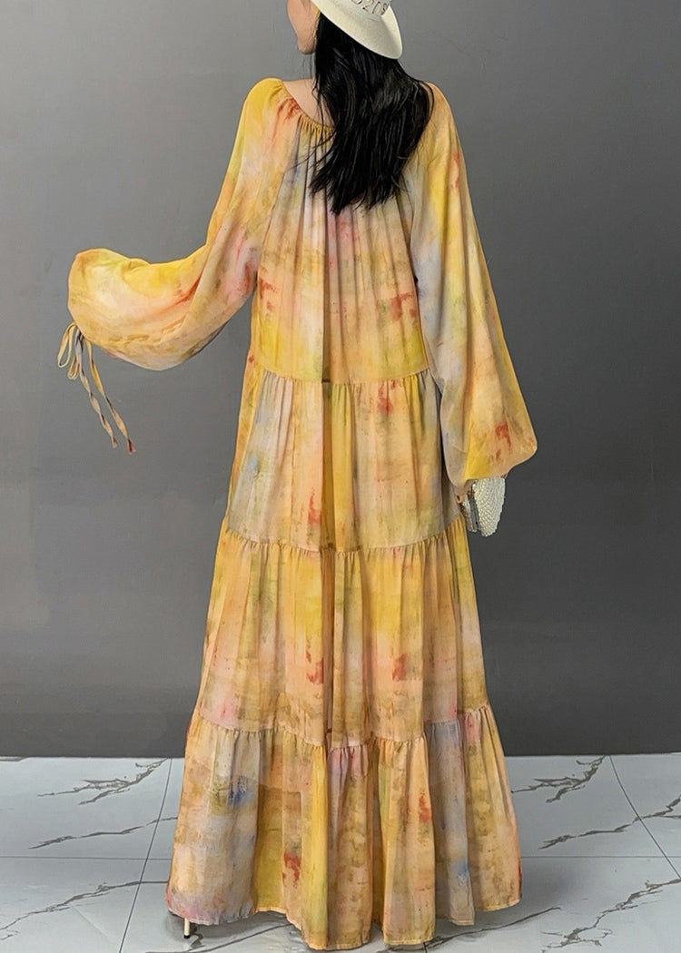 Yellow Lace Up Patchwork Cotton Maxi Dresses Fall