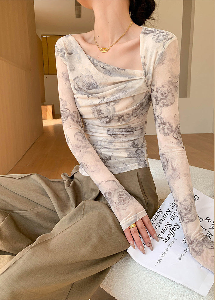 Slim Sloping Shoulder Printed Long Sleeved T-shirt Top
