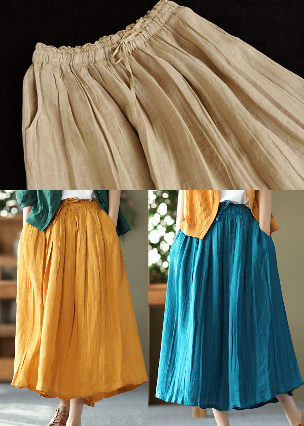 Yellow Elastic Waist Wrinkled Linen Skirt Summer