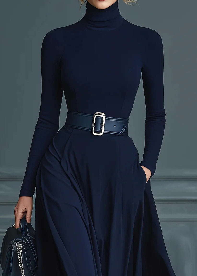 Boutique Navy Hign Neck Patchwork Cotton Long Dress Fall