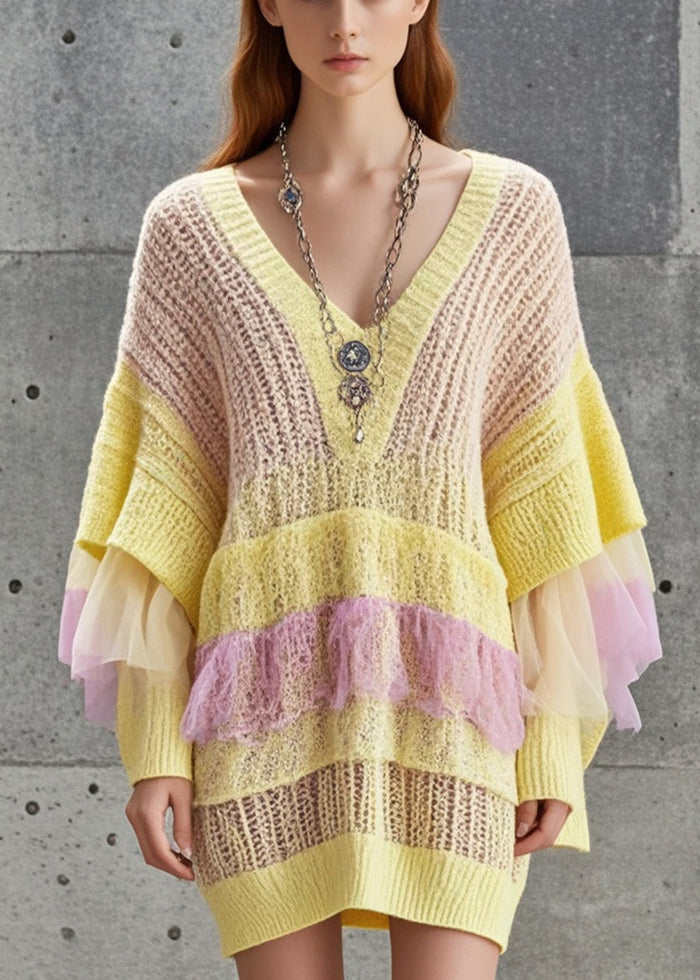 Yellow Hollow Out Patchwork Tulle Knitted Dress Fall
