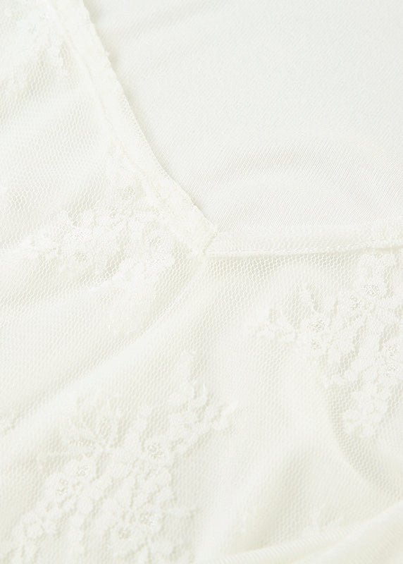 White V Neck Lace Patchwork Cotton Blouses Spring