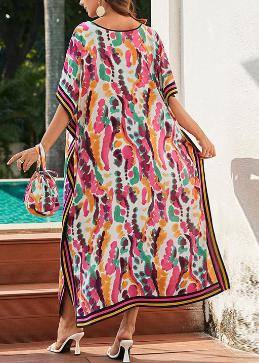 Classy Pink V Neck Print Side Open Cotton Holiday Dress Summer