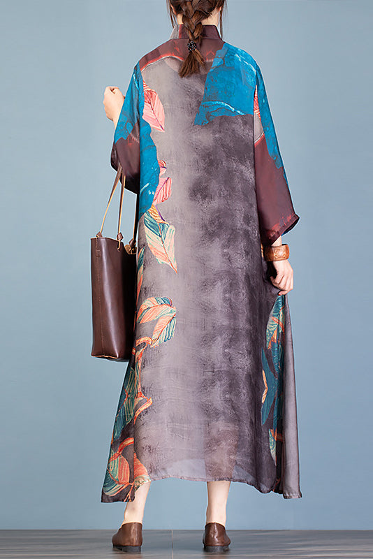 New Stand Collar Printed Dress Tencel Dress