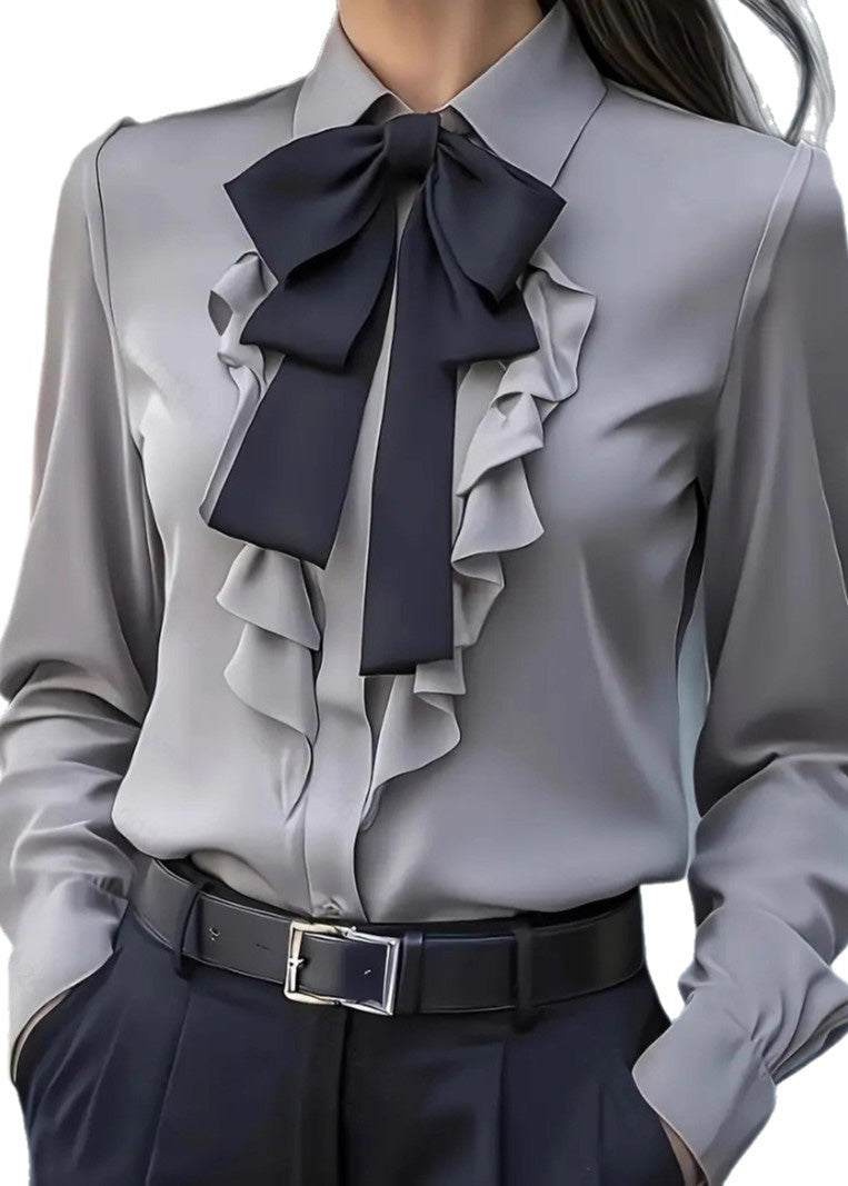Stylish White Bow Ruffled Chiffon Shirts Top Spring