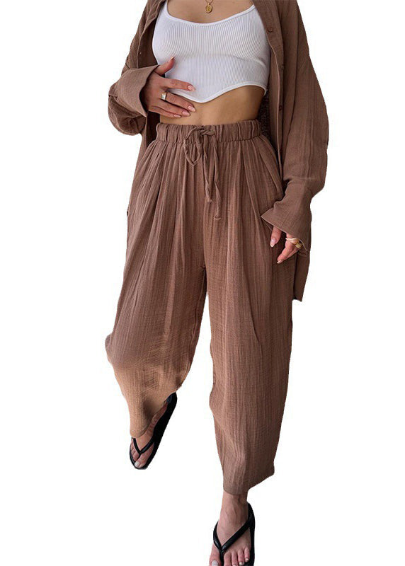 Khaki Shirts and Pants Cotton Two Pieces Set Long Sleeve
