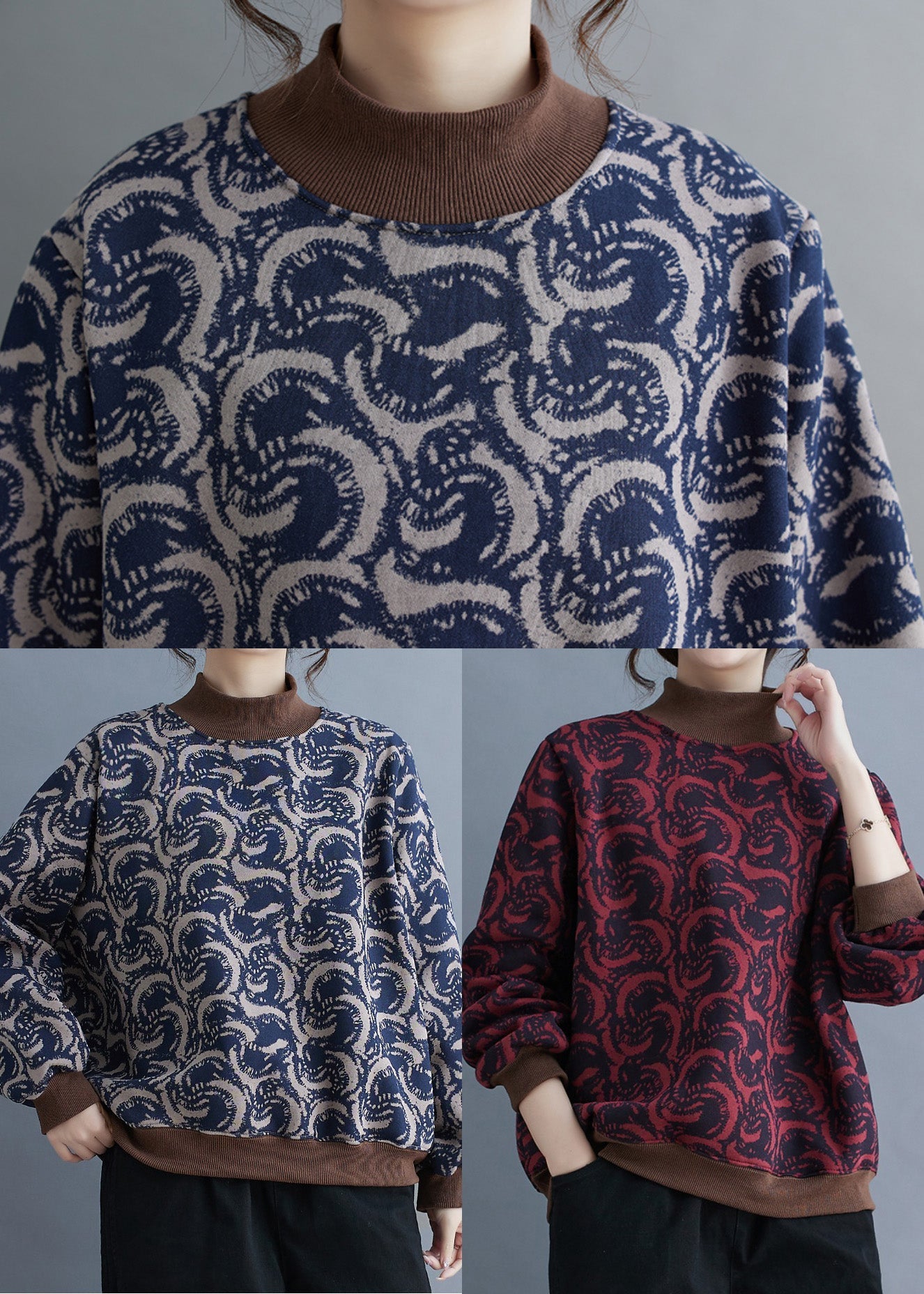 Navy Print Patchwork Warm Fleece Sweatshirt Top Spring