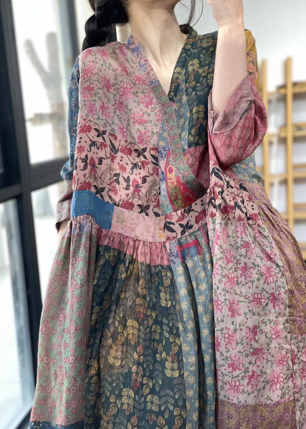 V Neck Print Wrinkled Maxi Dress Summer