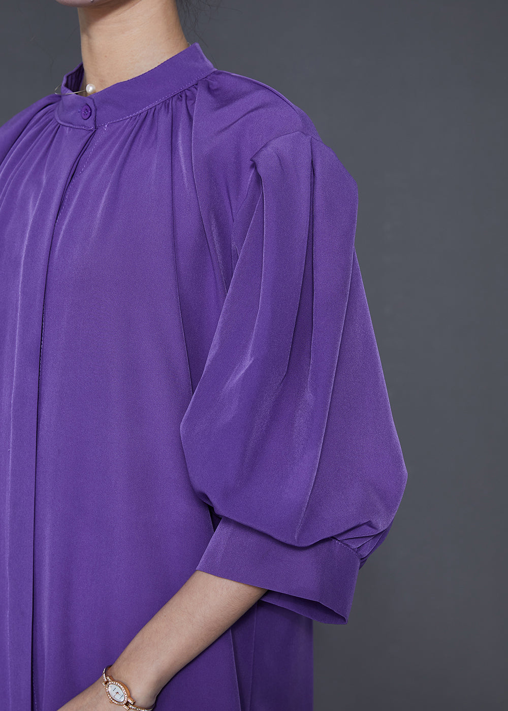 Purple Stand Collar Puff Sleeve Cotton Sundress