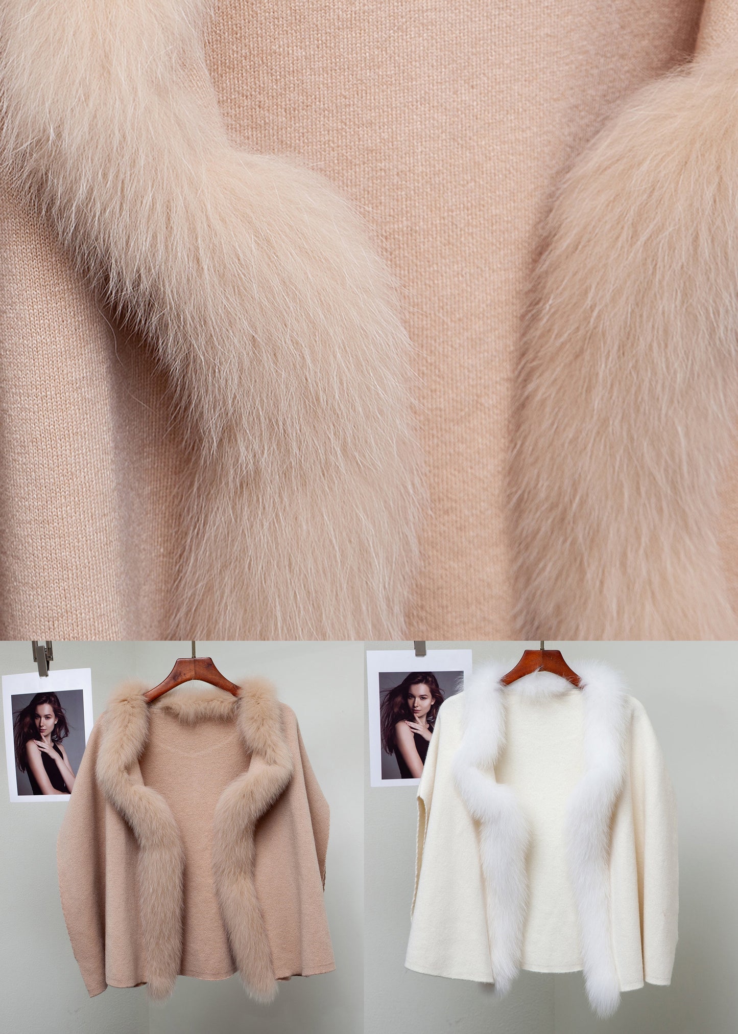Beige Patchwork Woolen Winter Coat Fox Collar