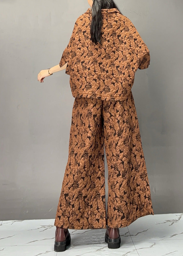 Chocolate Print Zippered Top and Wide Leg Pants Two Piece Set Fall