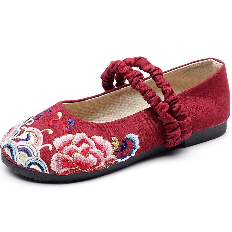 Red Embroidered Cotton Linen Fabric Flat Shoes Lace Up Flat Shoes
