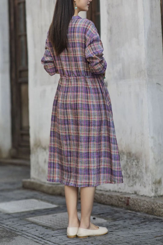 -new Cotton Linen Plaid Dress Long Skirt