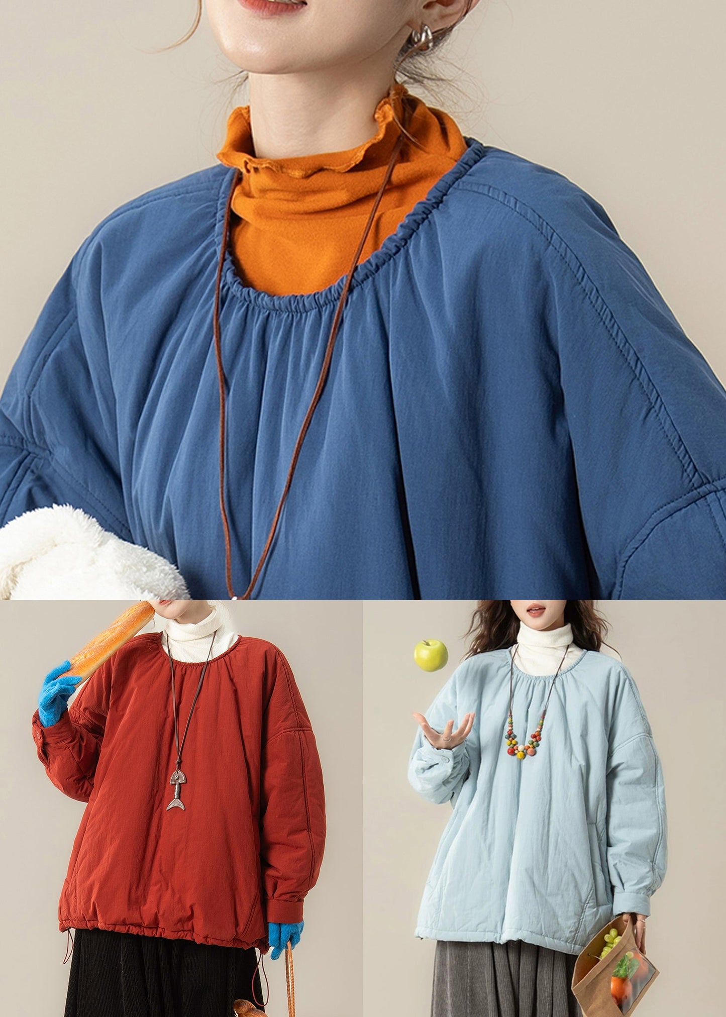 Red Button Drawstring Fine Cotton Filled Parka