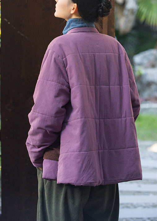 Chinese Style Purple Pockets Oriental Button Fine Cotton Filled Jacket Winter