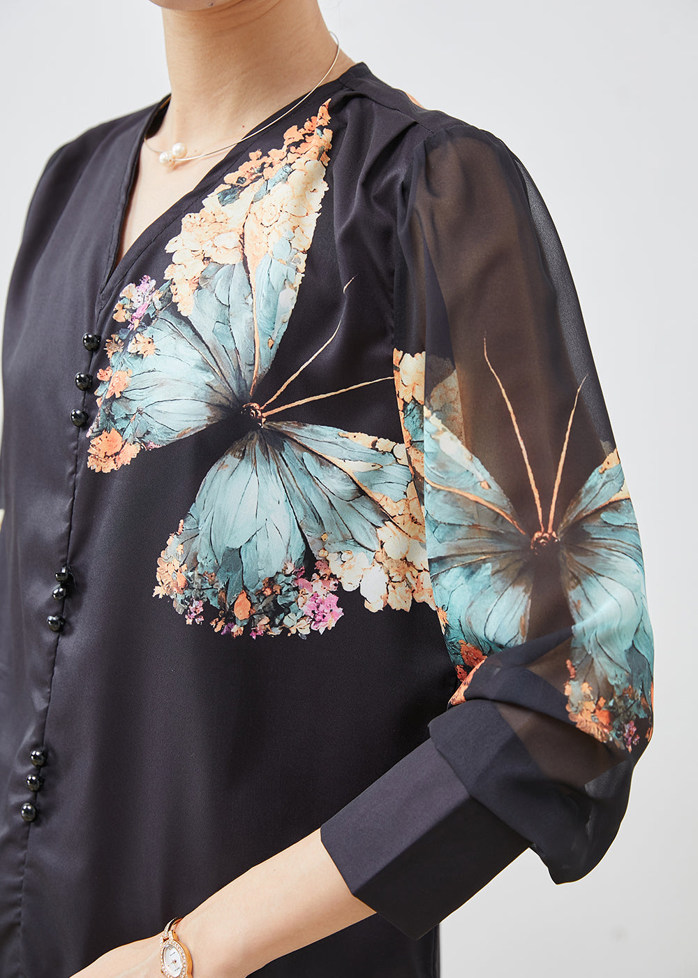 Black V Neck Butterfly Silk Blouses Spring
