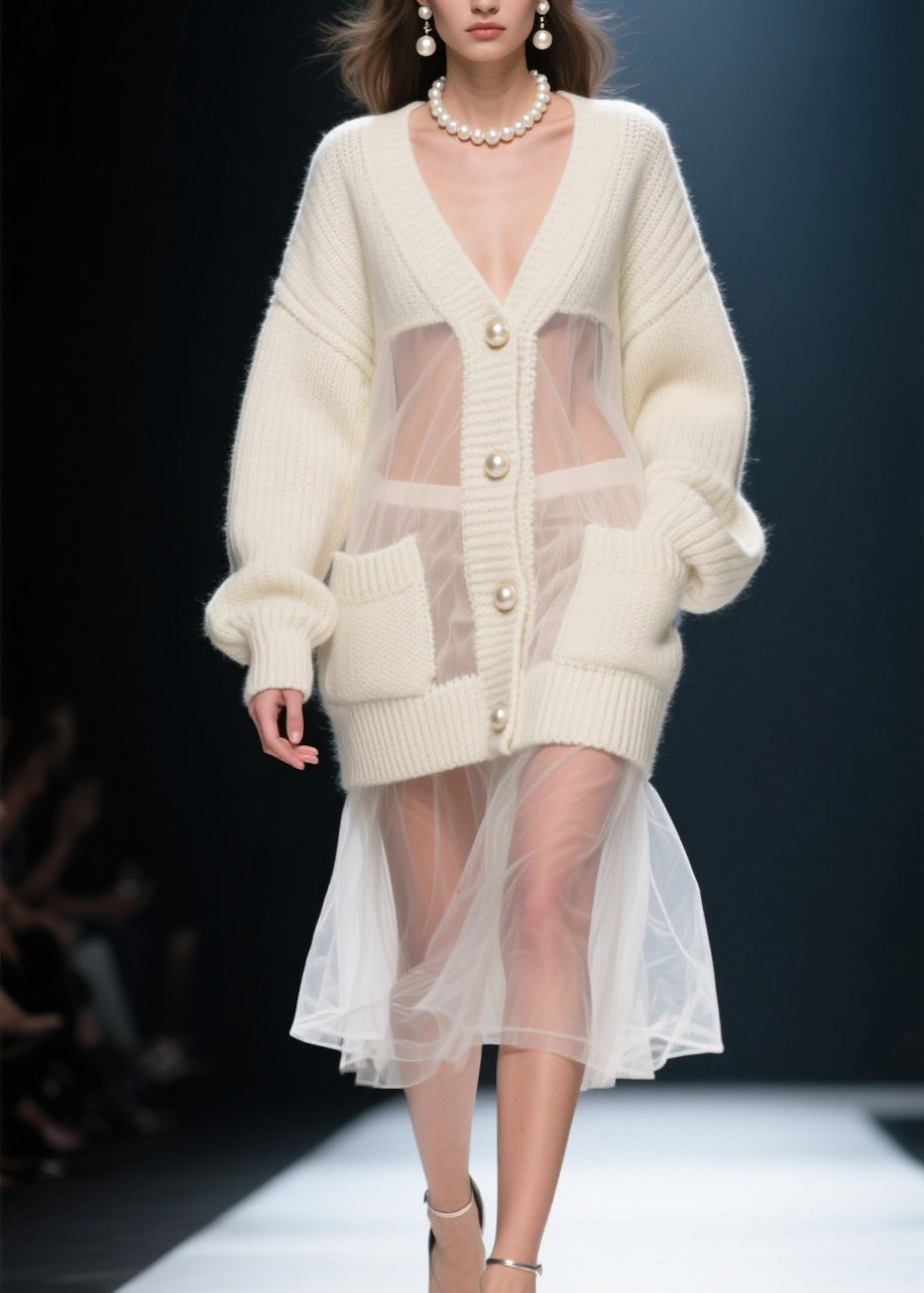 Beige V Neck Tulle Patchwork Knit Cardigans Fall