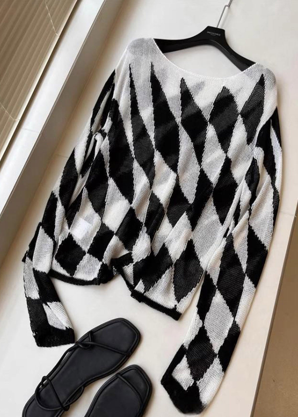 Striped Plaid Slash Neck Knit Top Fall