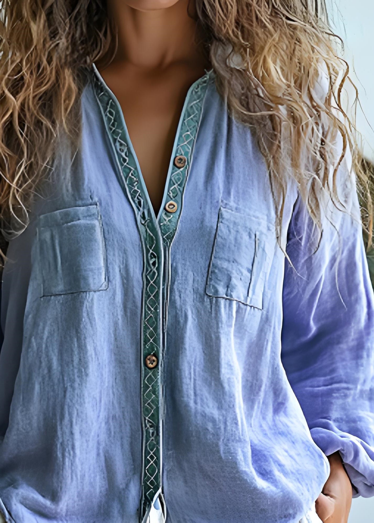 Purple V Neck Print Button Cotton Shirts Tops Spring