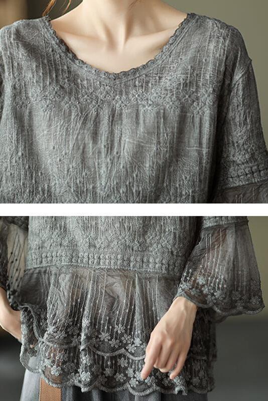 V Neck Lace Embroidered Shirt
