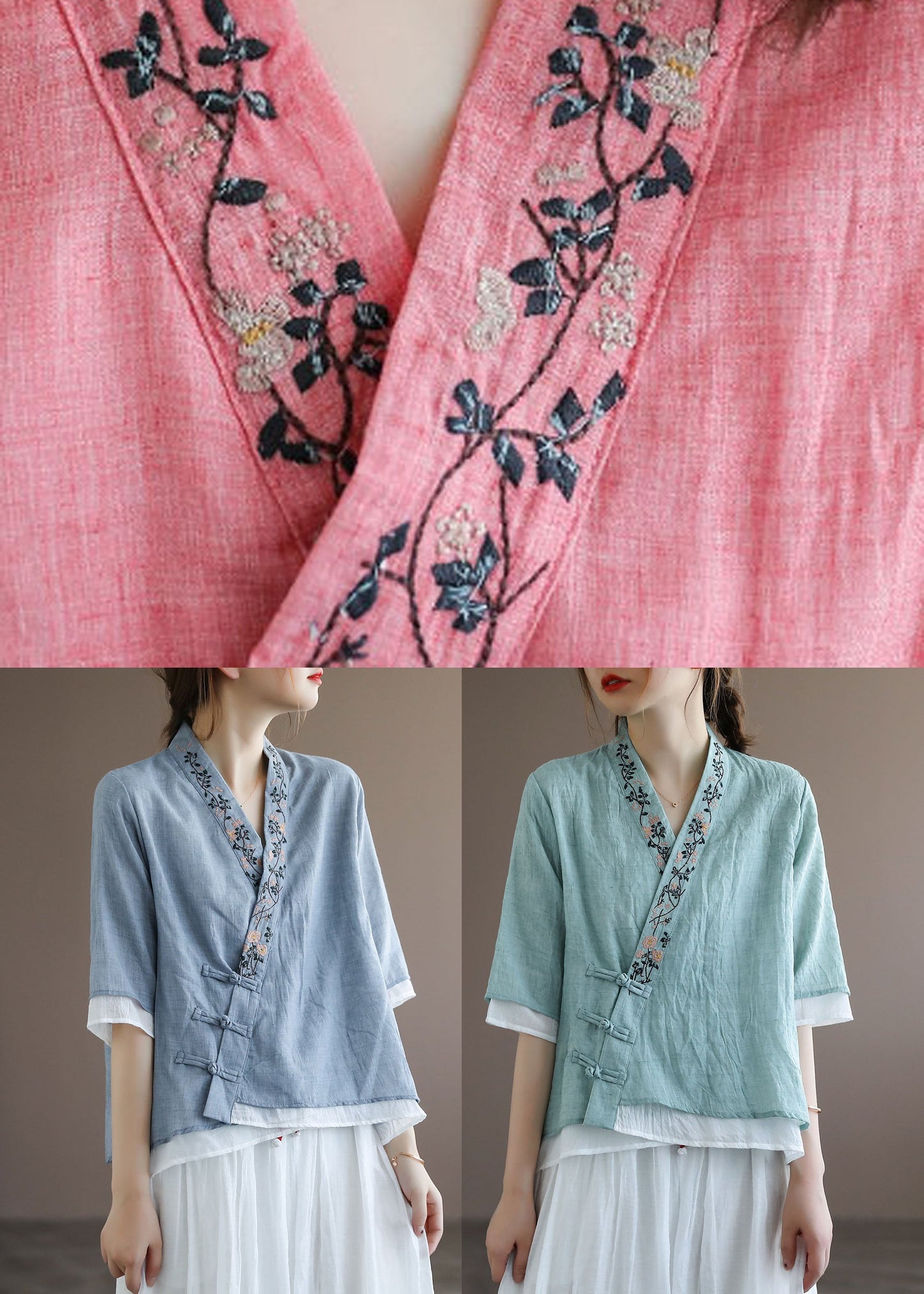 Orange Oriental Embroidered Cotton Blouses Half Sleeve