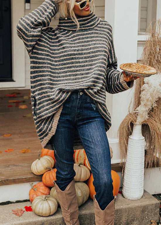 Black Hign Neck Thick Striped Knitted Sweaters Tops Fall