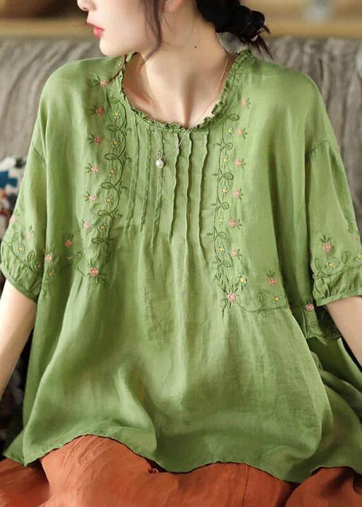 Green Draped Ramie O-neck Embroidered Split T-shirt