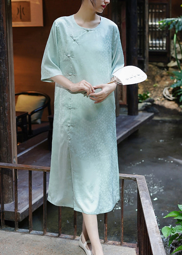 Light Green O Neck Oriental Button Silk Dress Summer